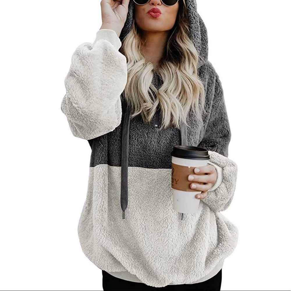 Block Long Sleeve Loose Fuzzy Hoodie Pullover